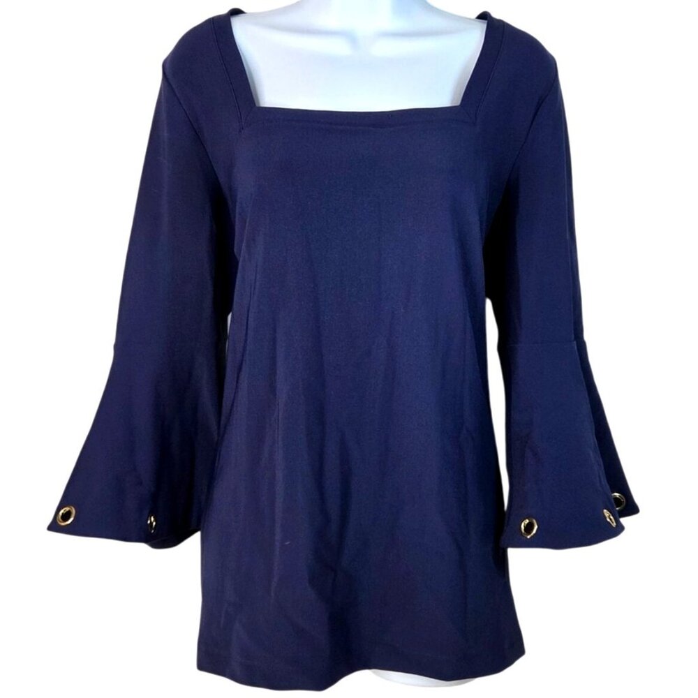 Boston Proper Navy Bell Sleeve Top W/ Gold Eyelet Details Size L